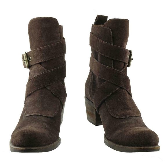 COLE HAAN G SERIES Ankle Boots Dark Brown Suede Sz. 9 B Buckled Chunky Heel - Picture 5 of 7